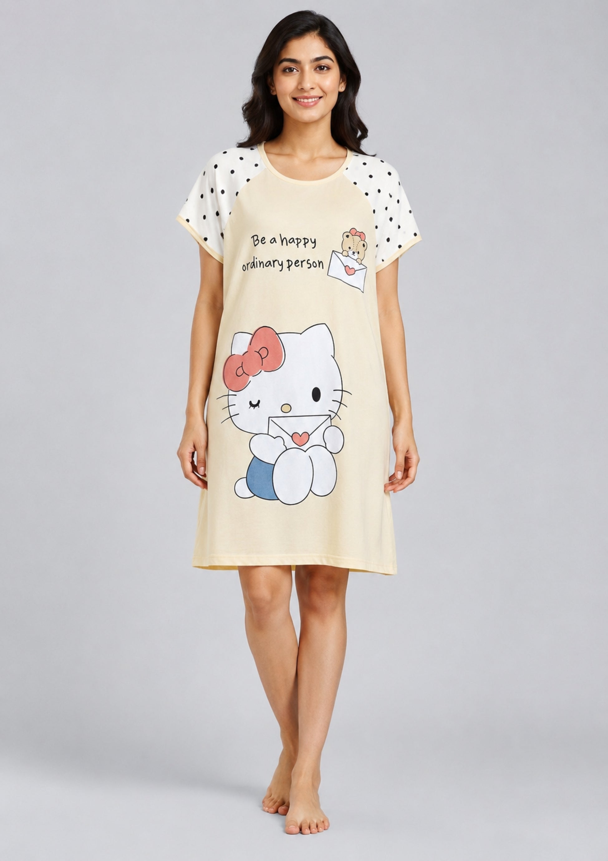 Women's Cute Cartoon Printed Knee Length Nighty | Soft Comfortable Loose Fit Short Sleeve Nighty for Women