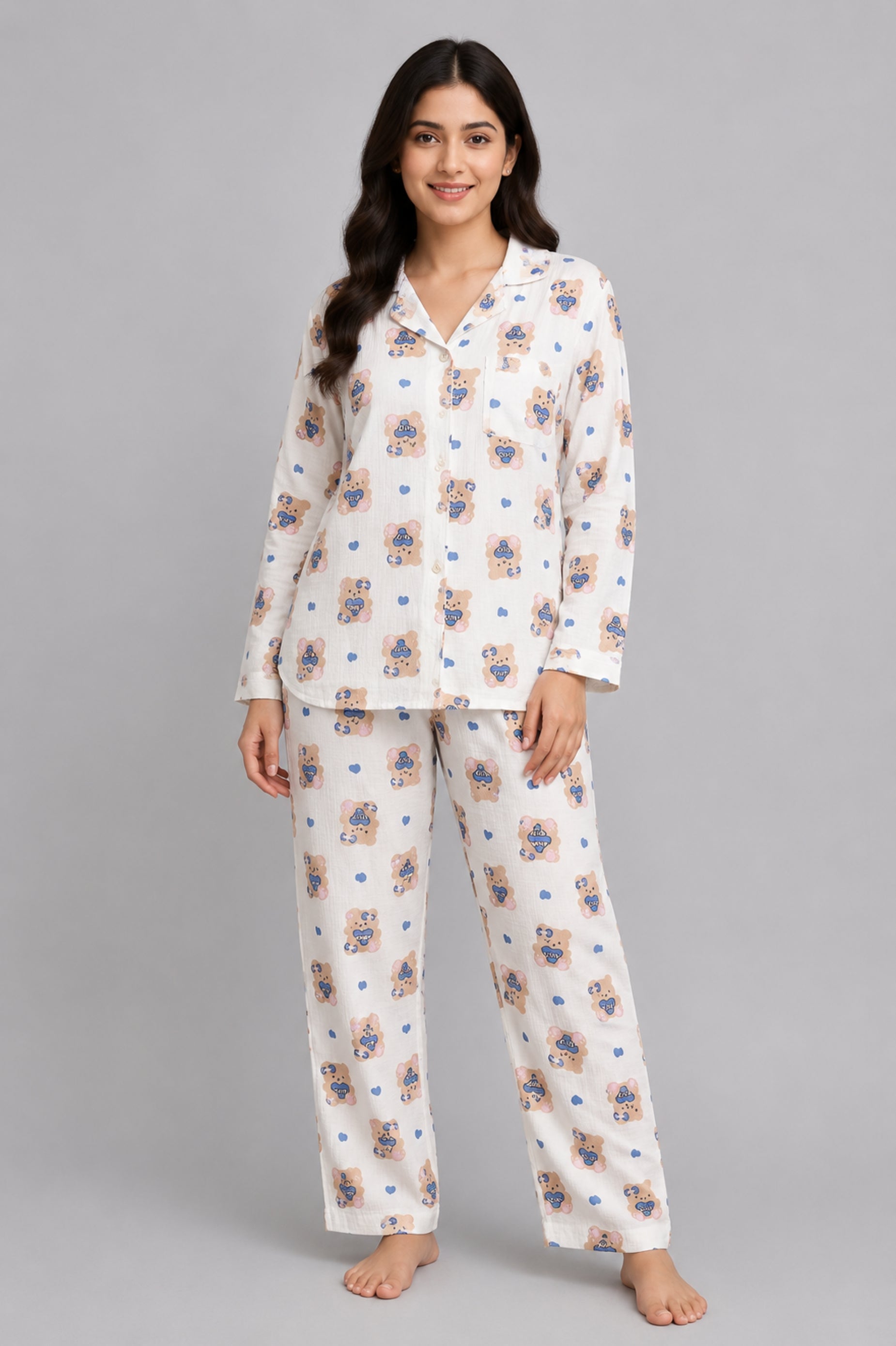 Women Night Suit Cotton Muslin Pyjama Set | Soft Printed Full Sleeve Sleepwear