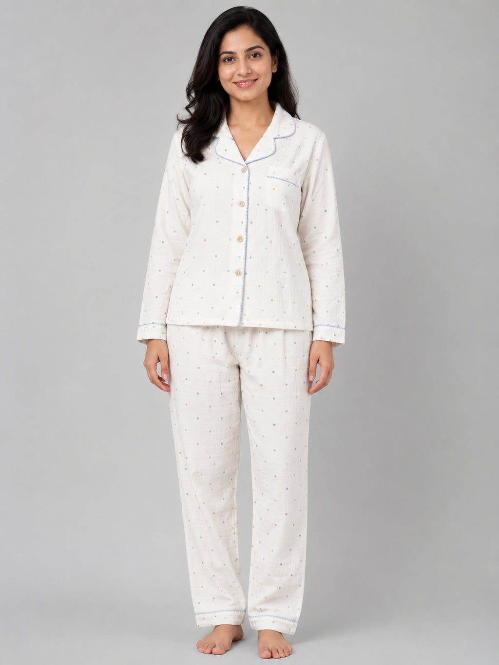 Women Night Suit Cotton Muslin Pyjama Set | Soft Printed Full Sleeve Sleepwear