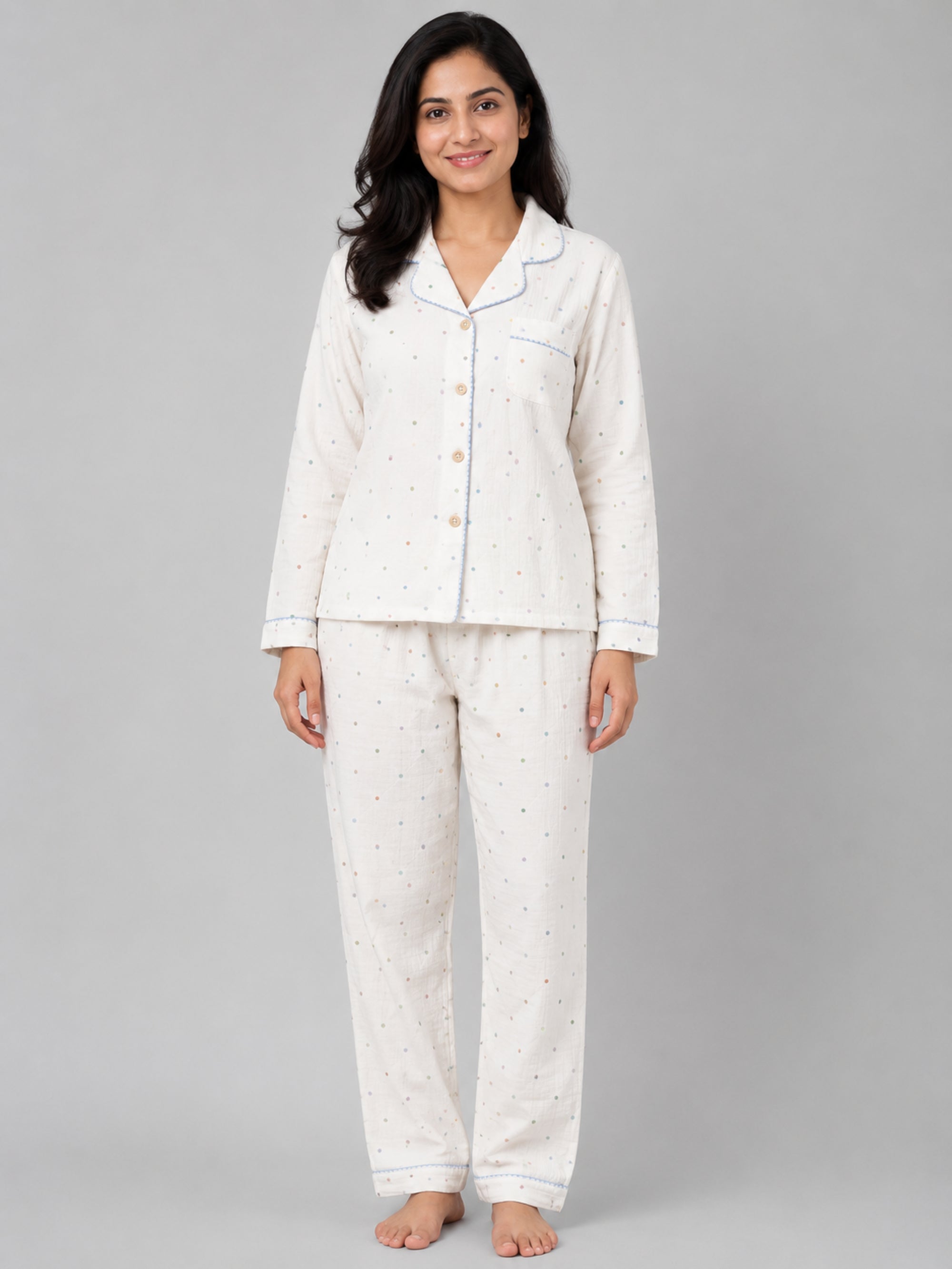 Women Night Suit Cotton Muslin Pyjama Set | Soft Printed Full Sleeve Sleepwear
