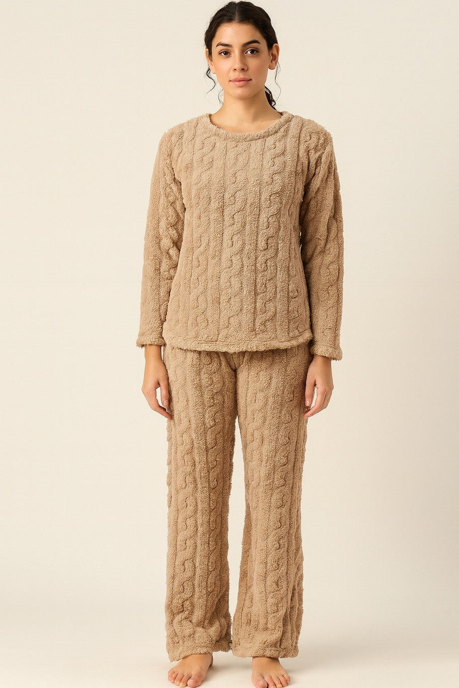 Camey Women Fleece Winter Night Suit Set | Cable Knit Textured Night Suit