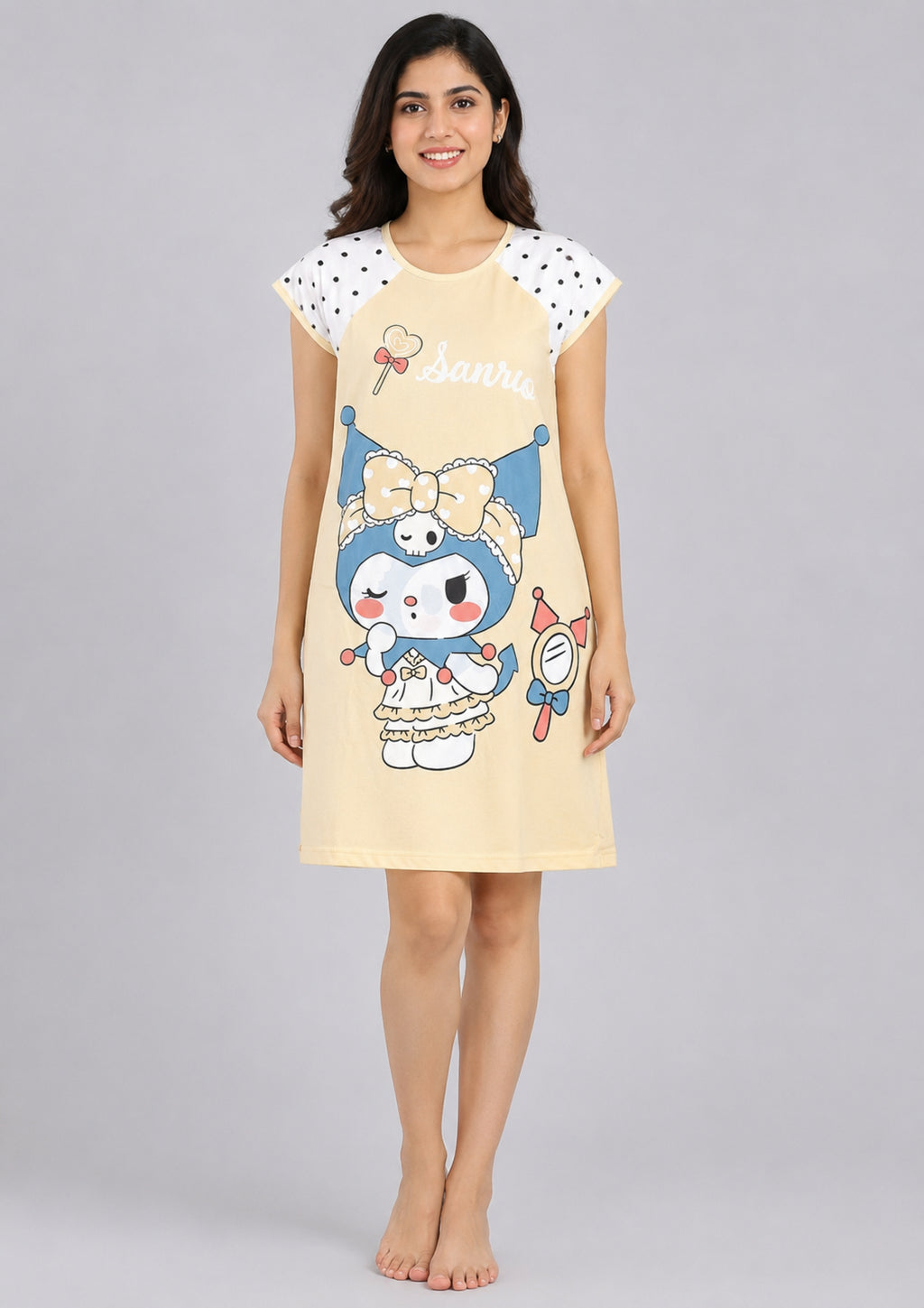 Women's Cute Cartoon Printed Knee Length Nighty | Soft Comfortable Loose Fit Short Sleeve Nighty for Women