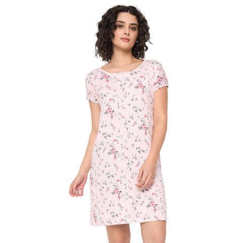 Women's Printed Nightgown, Short Sleeve Sleep Dress, Short Length, Short Nighty, Peach Red