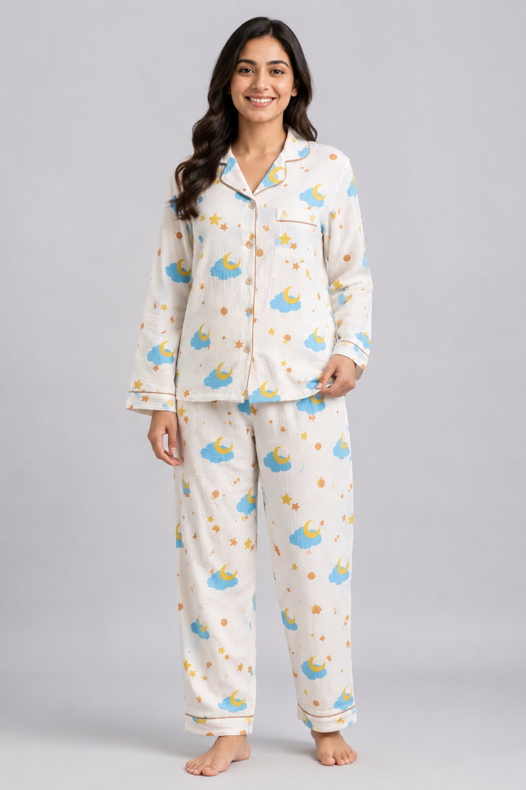 Women Night Suit Cotton Muslin Pyjama Set | Soft Printed Full Sleeve Sleepwear