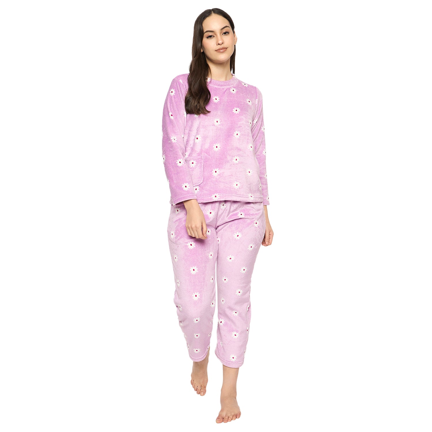 Women's Printed Full Sleeve Round Neck Top and Pajama Pants with 1 side Pockets