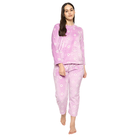 Women's Printed Full Sleeve Round Neck Top and Pajama Pants with 1 side Pockets