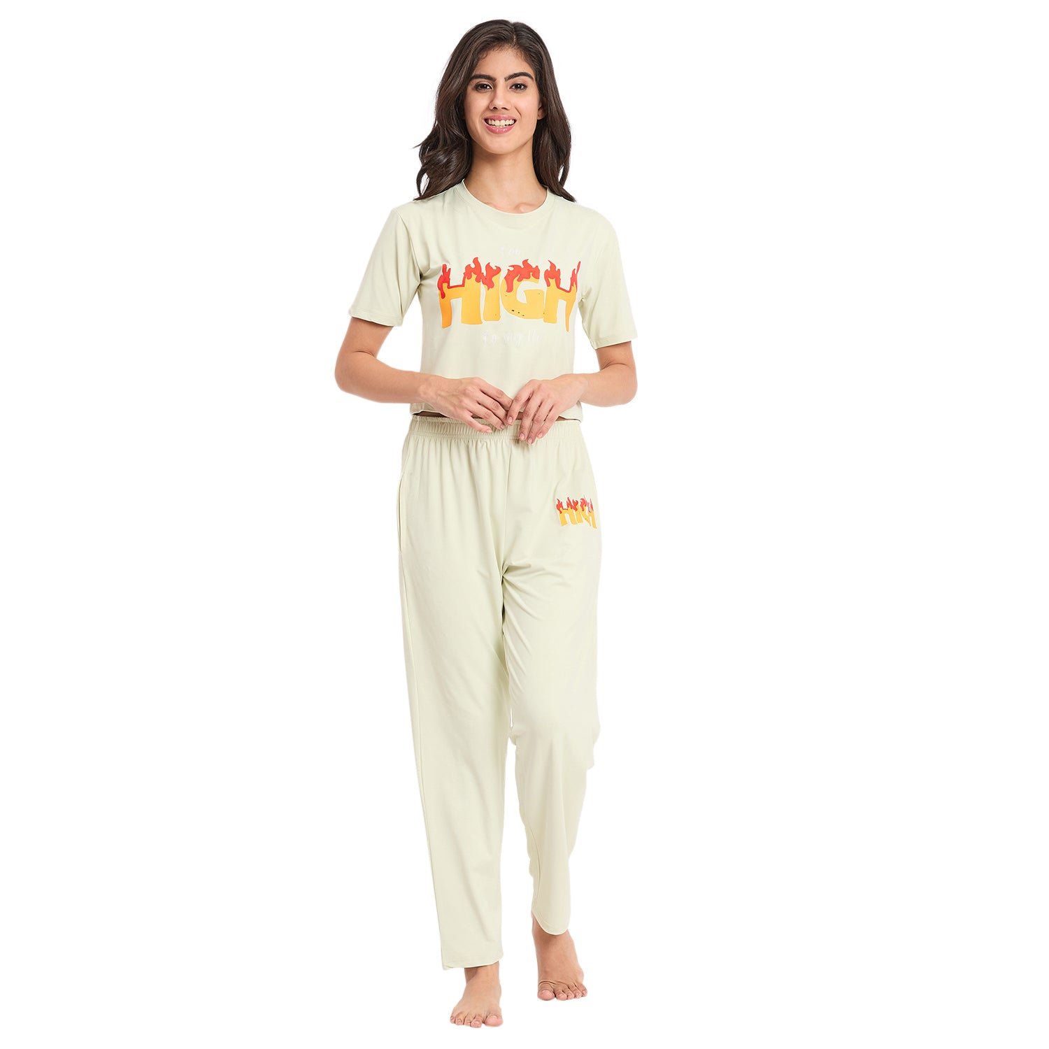 Nightwear crop cord Set for Women|Printed Top and Pajama|Viscose Crop T-Shirt and Pants with 2 side pockets