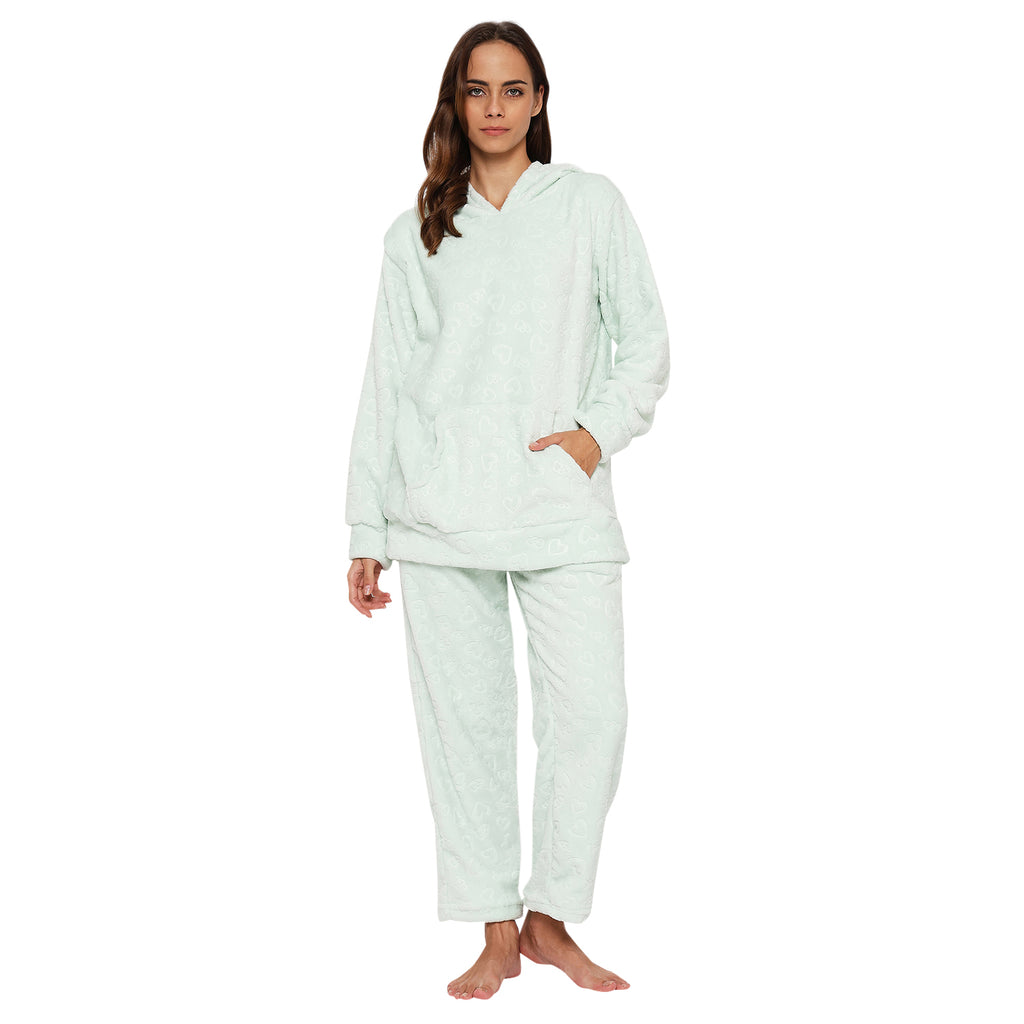 Women's Embossed Full Sleeve Hooded Top and Pajama Pants with Pockets