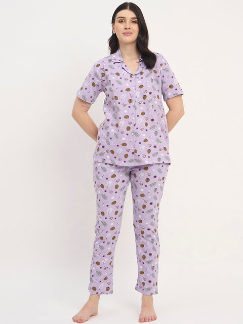 Women's Printed Nightsuit Pajama Set, Short Sleeve Button-Down Top with Pants, Cotton Nightwear, Purple