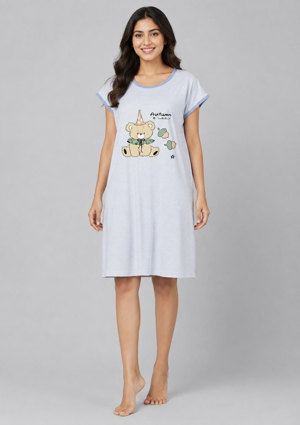 Women's Cute Cartoon Printed Knee Length Nighty | Soft Comfortable Loose Fit Short Sleeve Nighty for Women