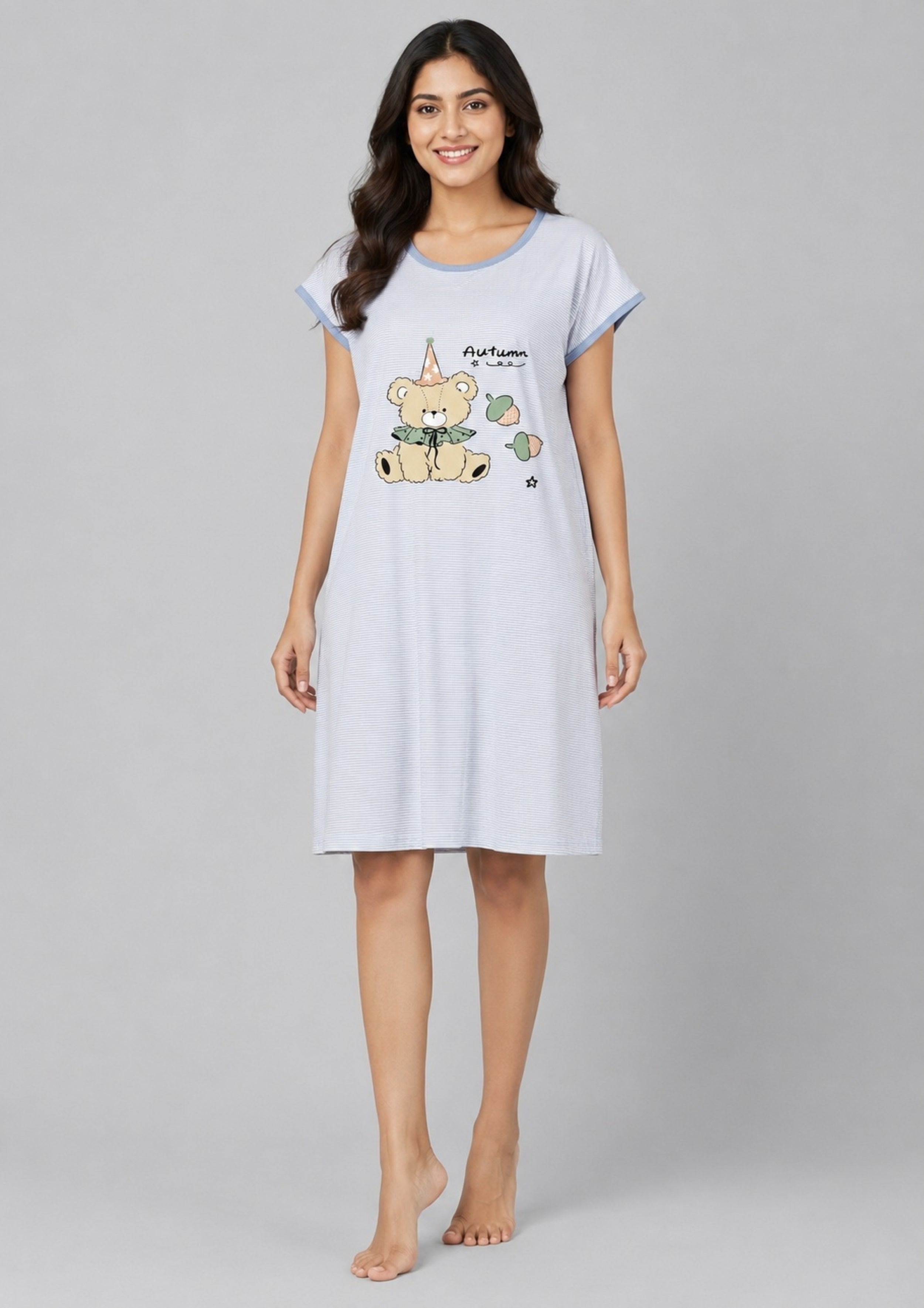 Women's Cute Cartoon Printed Knee Length Nighty | Soft Comfortable Loose Fit Short Sleeve Nighty for Women