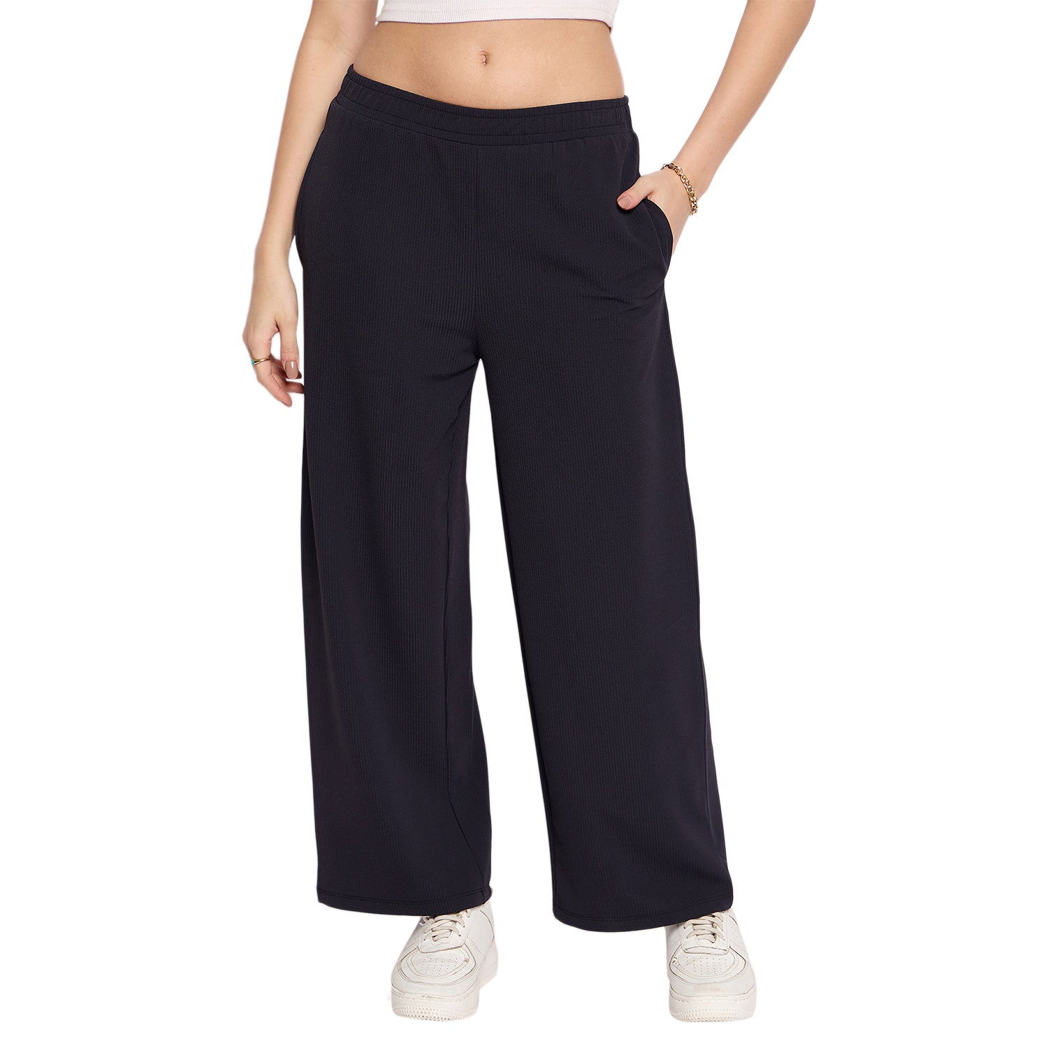 Women's Palazzo Pants with Pockets, Wide Leg, Ribbed Pattern, Elastic Waistband, Navy