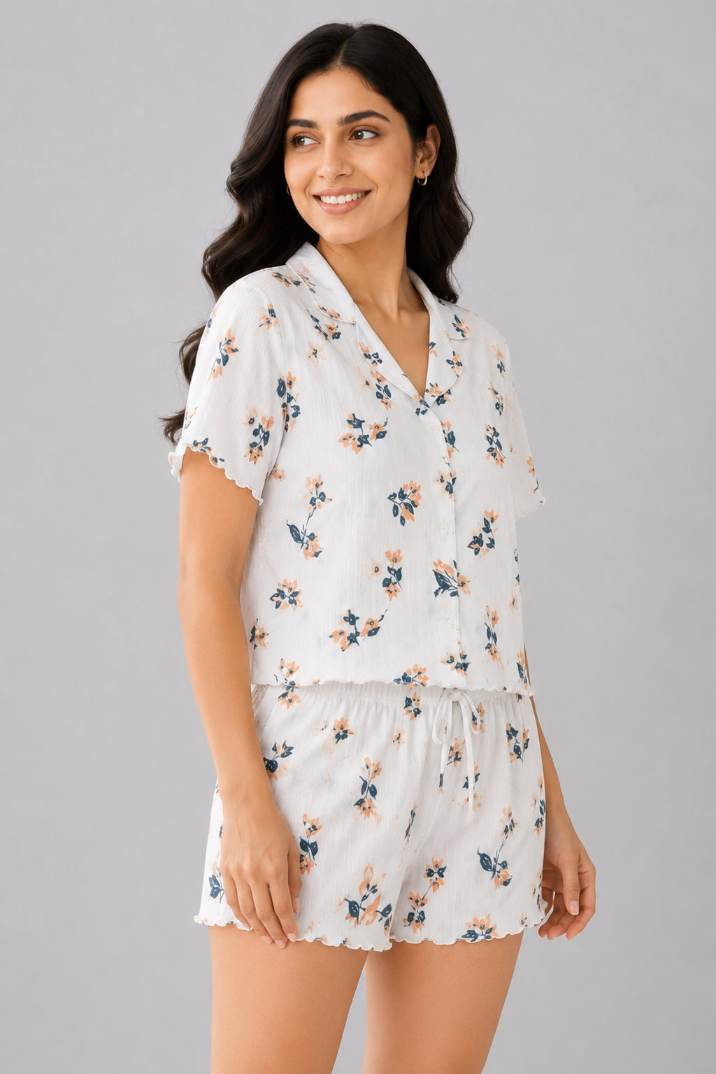 Women Night Suit, Loose Fit Short Set, Shirt & Short Loungewear, Printed Co-Ord, Stretch Fabric