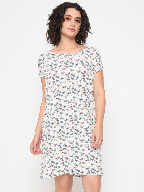 Women's Printed Nightgown, Short Sleeve Sleep Dress, Short Length, Short Nighty, White Grey