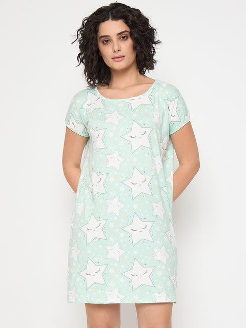 Women's Printed Nightgown, Short Sleeve Sleep Dress, Short Length, Short Nighty, White Green