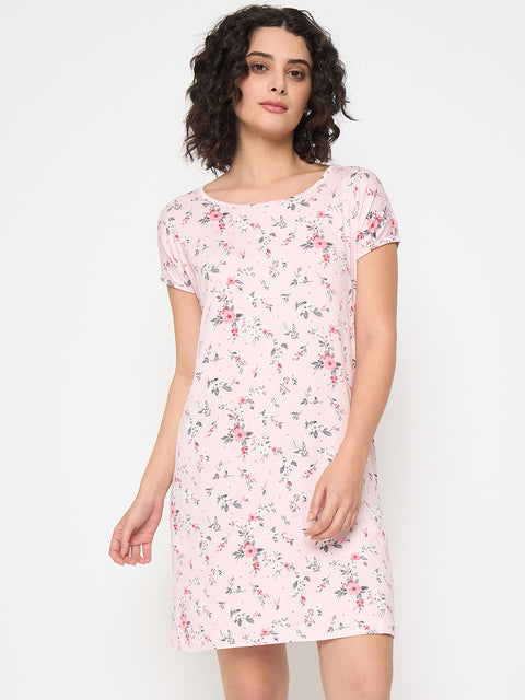 Women's Printed Nightgown, Short Sleeve Sleep Dress, Short Length, Short Nighty, Peach Red