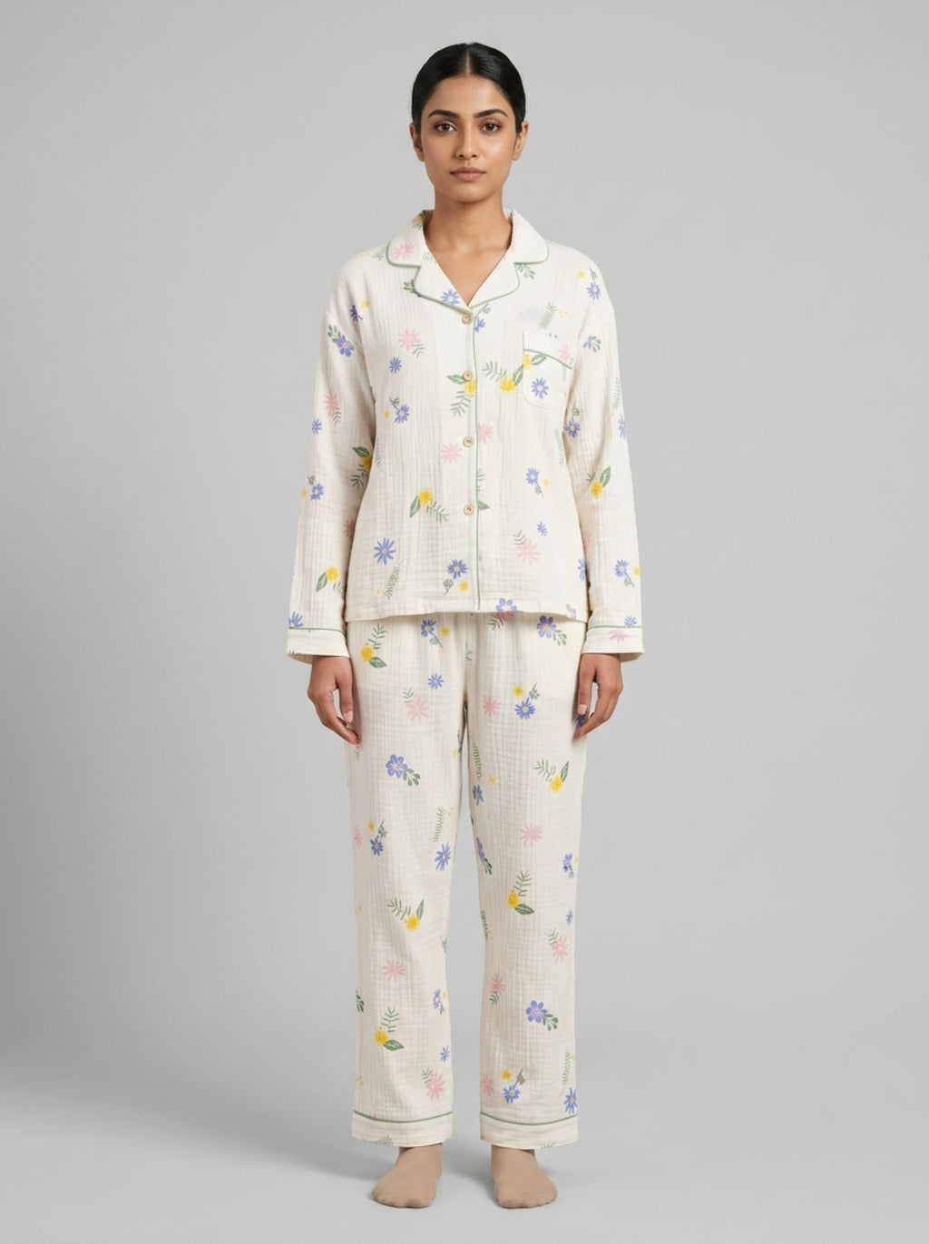 Women Night Suit Cotton Muslin Pyjama Set | Soft Printed Full Sleeve Sleepwear