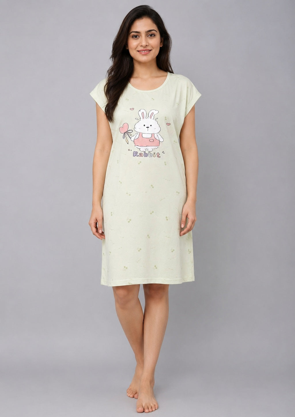 Women's Cute Cartoon Printed Knee Length Nighty | Soft Comfortable Loose Fit Short Sleeve Nighty for Women