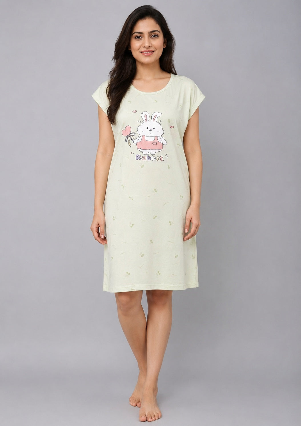 Women's Cute Cartoon Printed Knee Length Nighty | Soft Comfortable Loose Fit Short Sleeve Nighty for Women
