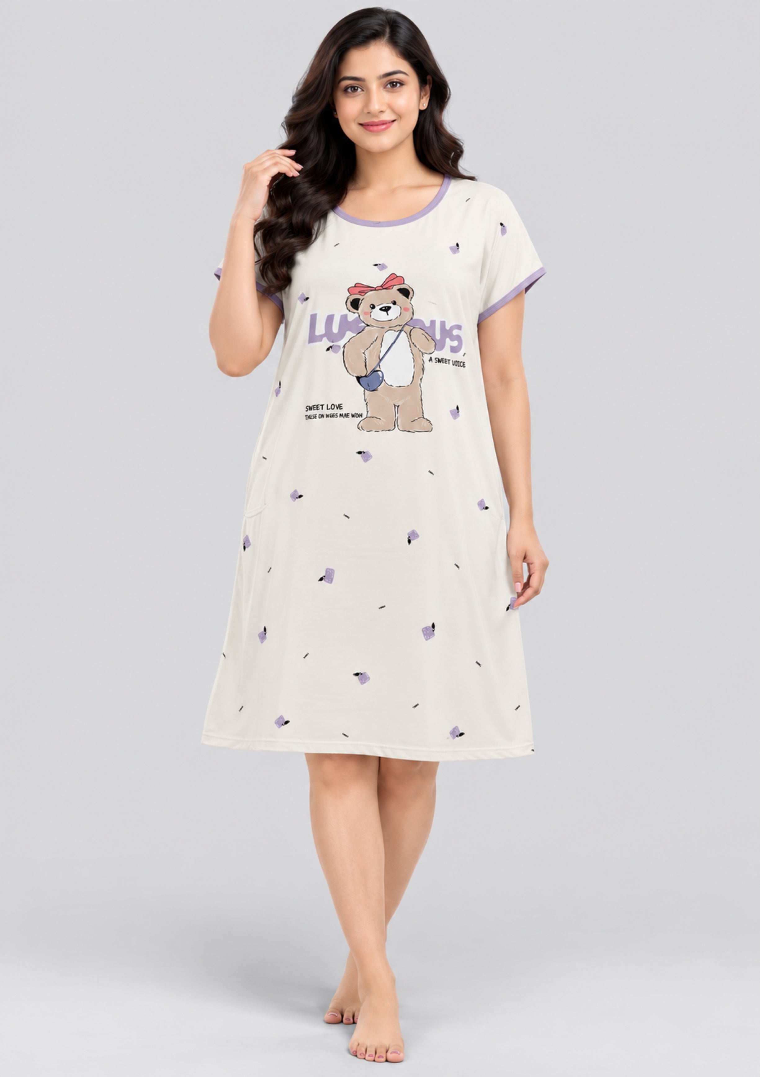 Women's Cute Cartoon Printed Knee Length Nighty | Soft Comfortable Loose Fit Short Sleeve Nighty for Women