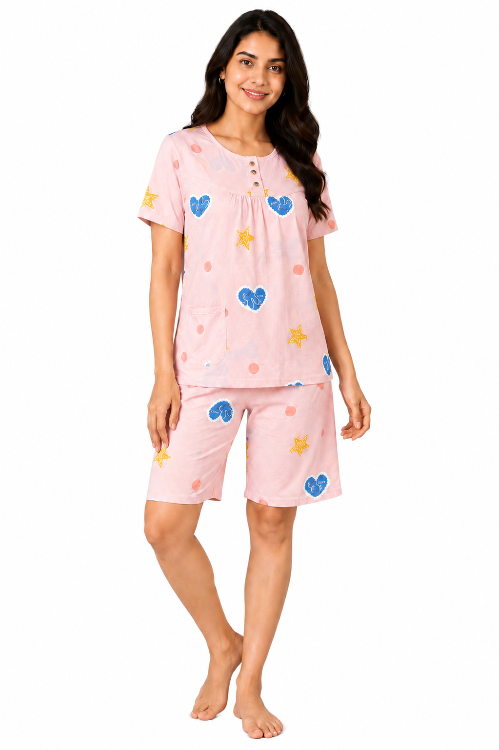 Camey Women’s Short Nightwear Set | Soft Printed Top & Knee-Length Shorts | Breathable Summer Sleepwear for Ladies