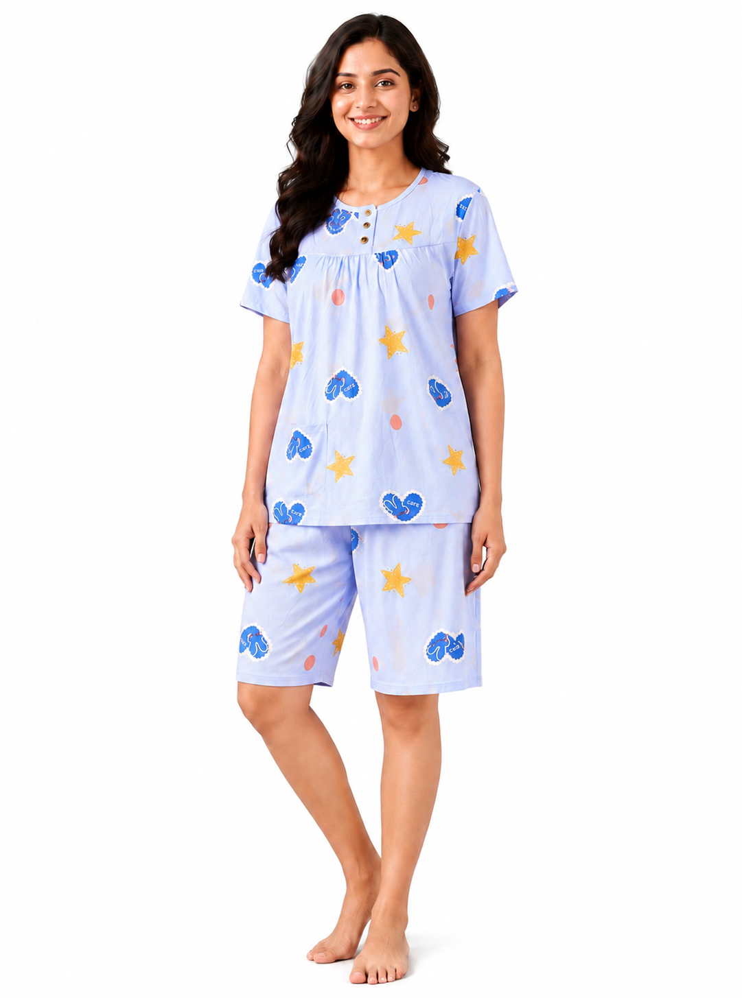 Camey Women’s Short Nightwear Set | Soft Printed Top & Knee-Length Shorts | Breathable Summer Sleepwear for Ladies