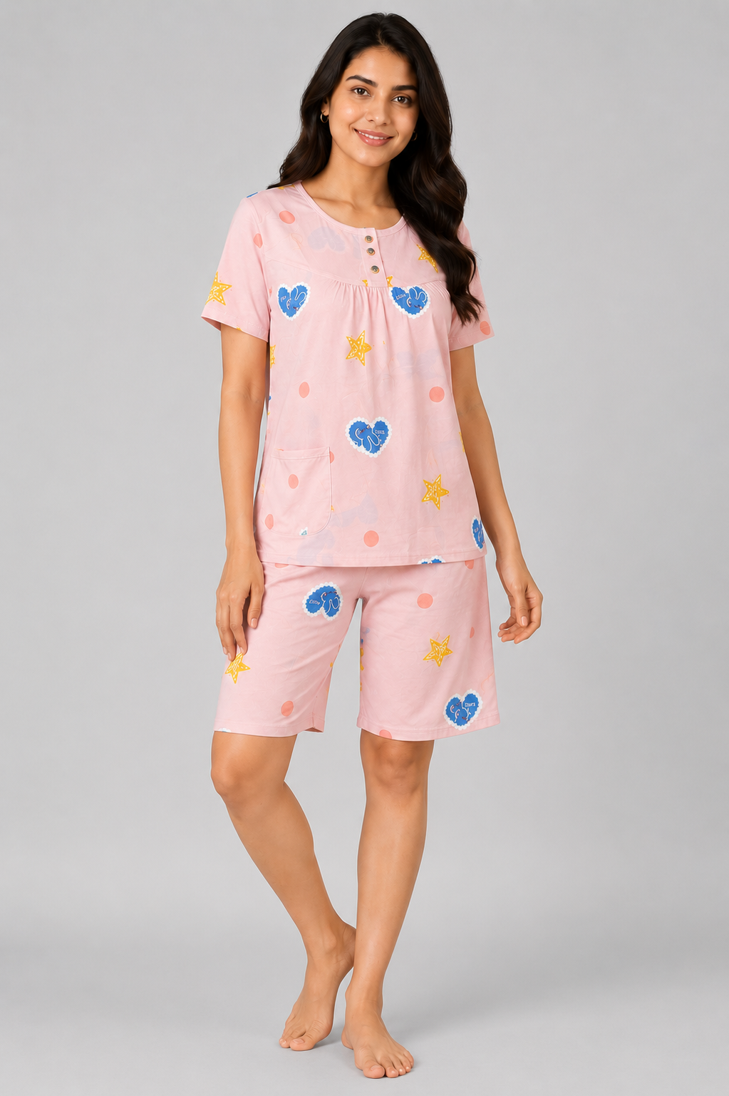 Camey Women’s Short Nightwear Set | Soft Printed Top & Knee-Length Shorts | Breathable Summer Sleepwear for Ladies