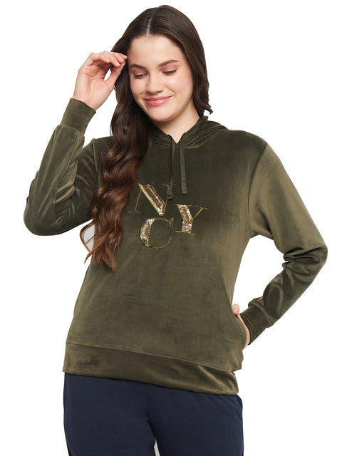Women Solid Hooded Velvet Embroidered Winter Sweatshirt with 2 pockets