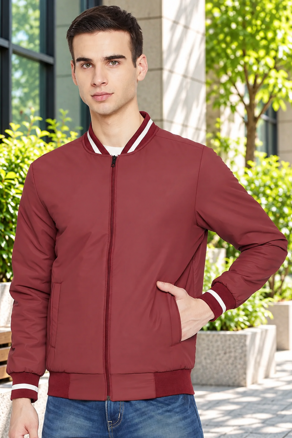Mens Maroon Full Sleeve Zipper Jacket
