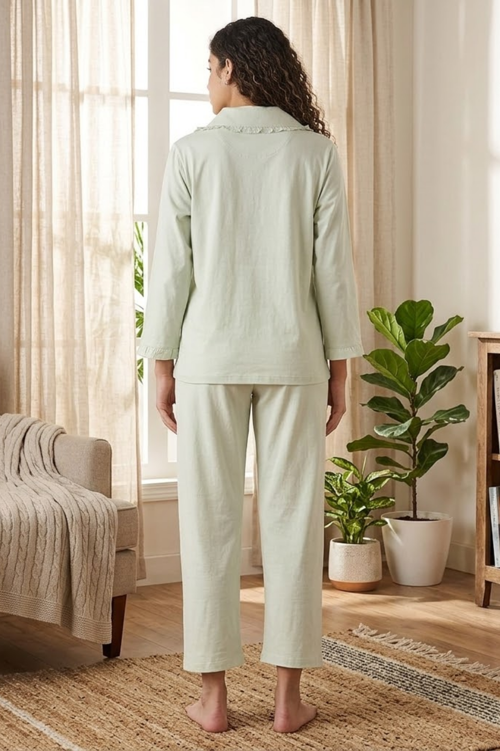 Women's Cotton Pajama Set, Long Sleeve Button-Down Shirt with Pants, Comfortable Sleepwear, Green