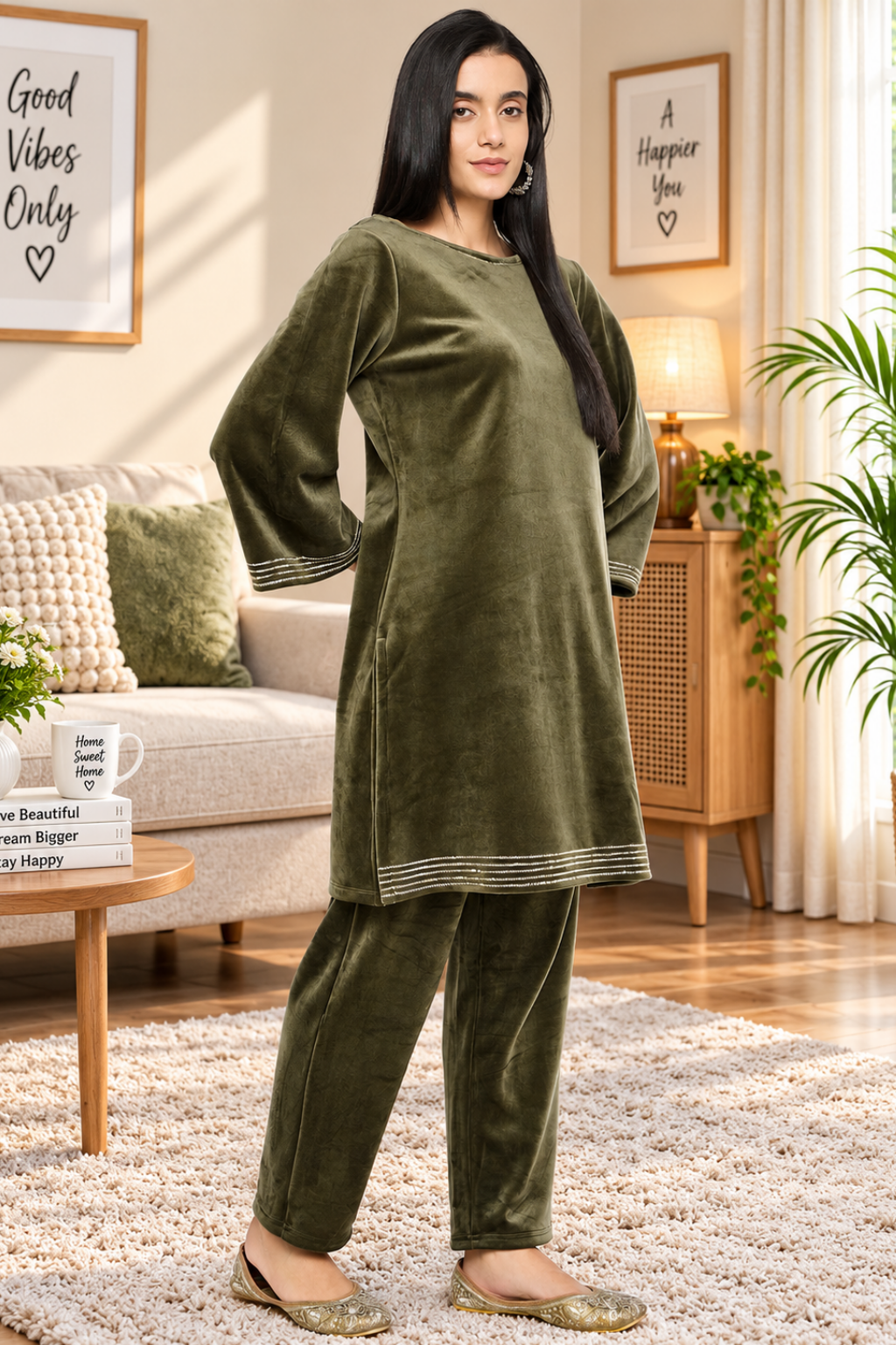 Women's Velvet Winter Kurti Set, Long Sleeves|Winter Velvet Kurti & Pajama Set