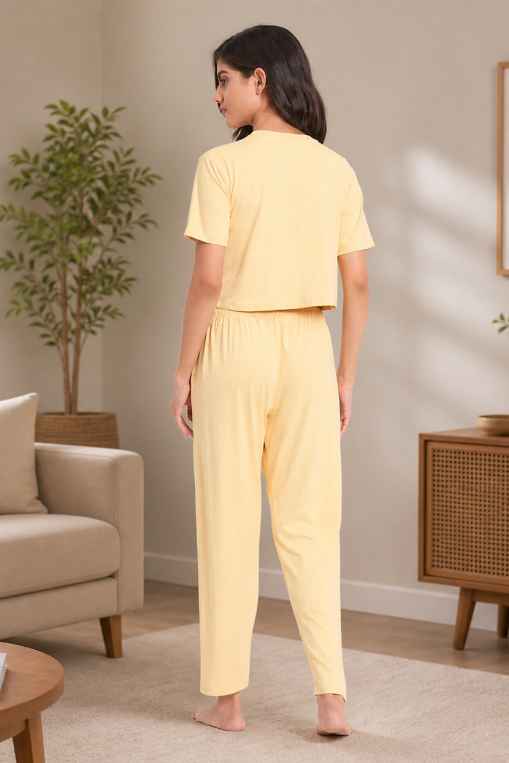Nightwear crop cord Set for Women|Printed Top and Pajama|Viscose Crop T-Shirt and Pants with 2 side pockets