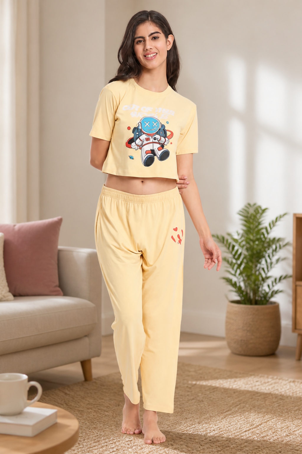 Nightwear crop cord Set for Women|Printed Top and Pajama|Viscose Crop T-Shirt and Pants with 2 side pockets