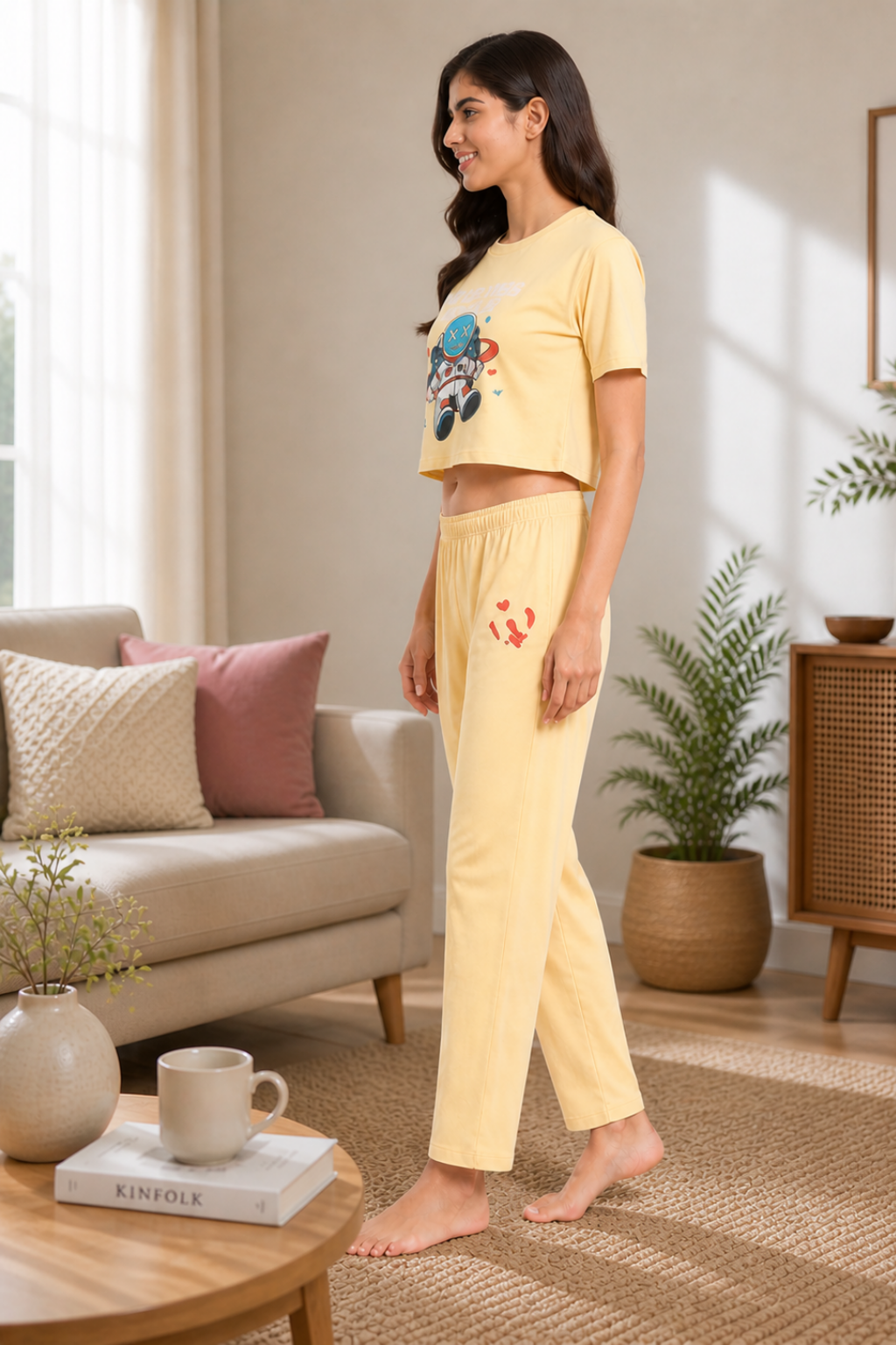Nightwear crop cord Set for Women|Printed Top and Pajama|Viscose Crop T-Shirt and Pants with 2 side pockets