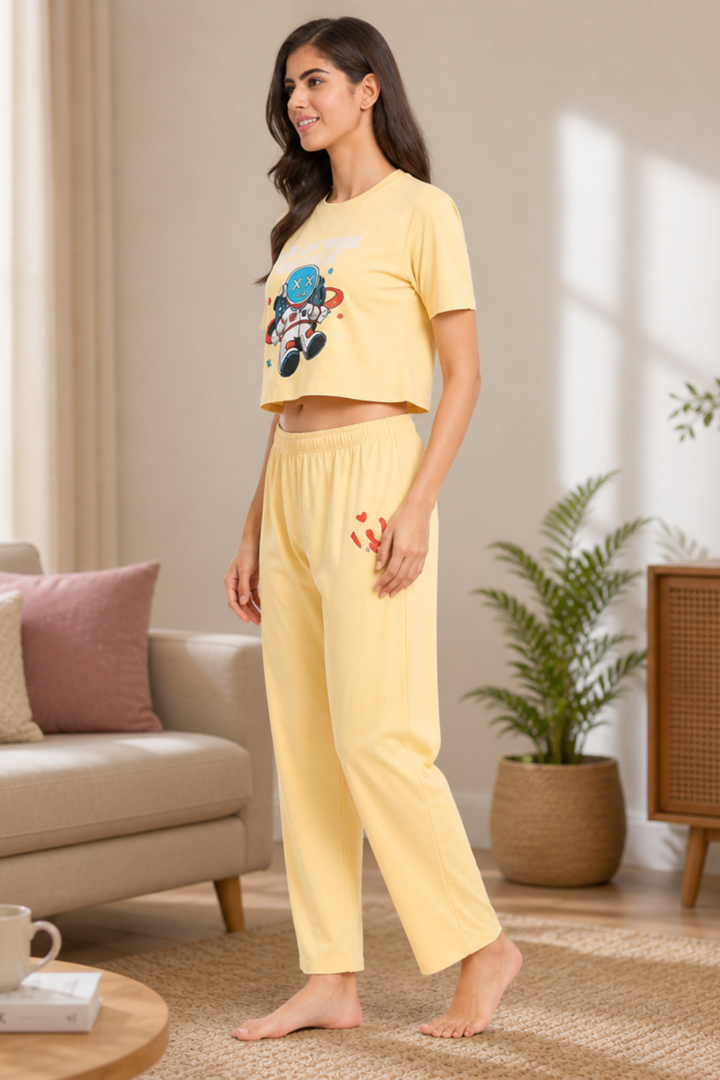 Nightwear crop cord Set for Women|Printed Top and Pajama|Viscose Crop T-Shirt and Pants with 2 side pockets