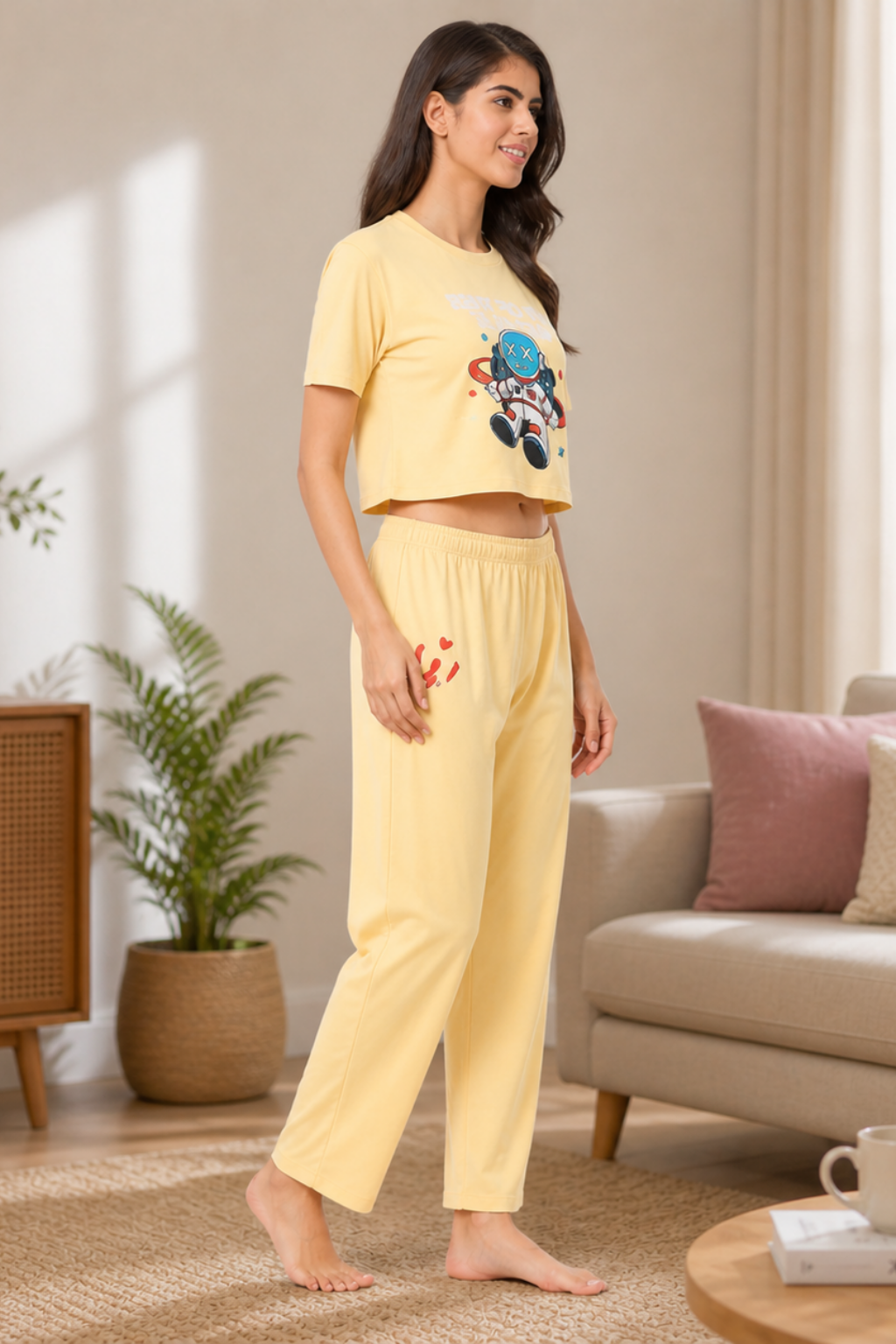 Nightwear crop cord Set for Women|Printed Top and Pajama|Viscose Crop T-Shirt and Pants with 2 side pockets