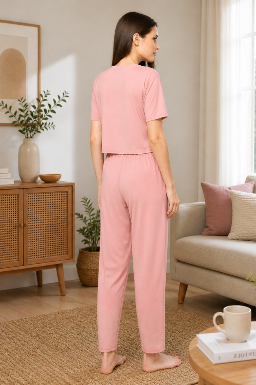 Nightwear crop cord Set for Women|Printed Top and Pajama|Viscose Crop T-Shirt and Pants with 2 side pockets