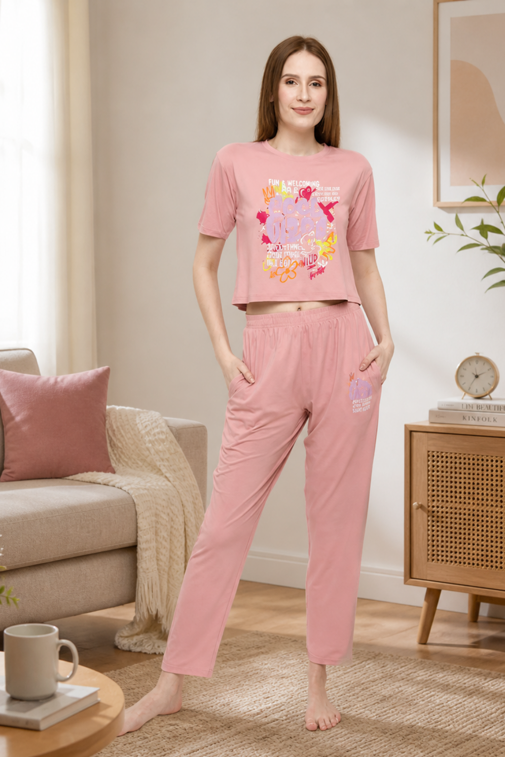 Nightwear crop cord Set for Women|Printed Top and Pajama|Viscose Crop T-Shirt and Pants with 2 side pockets