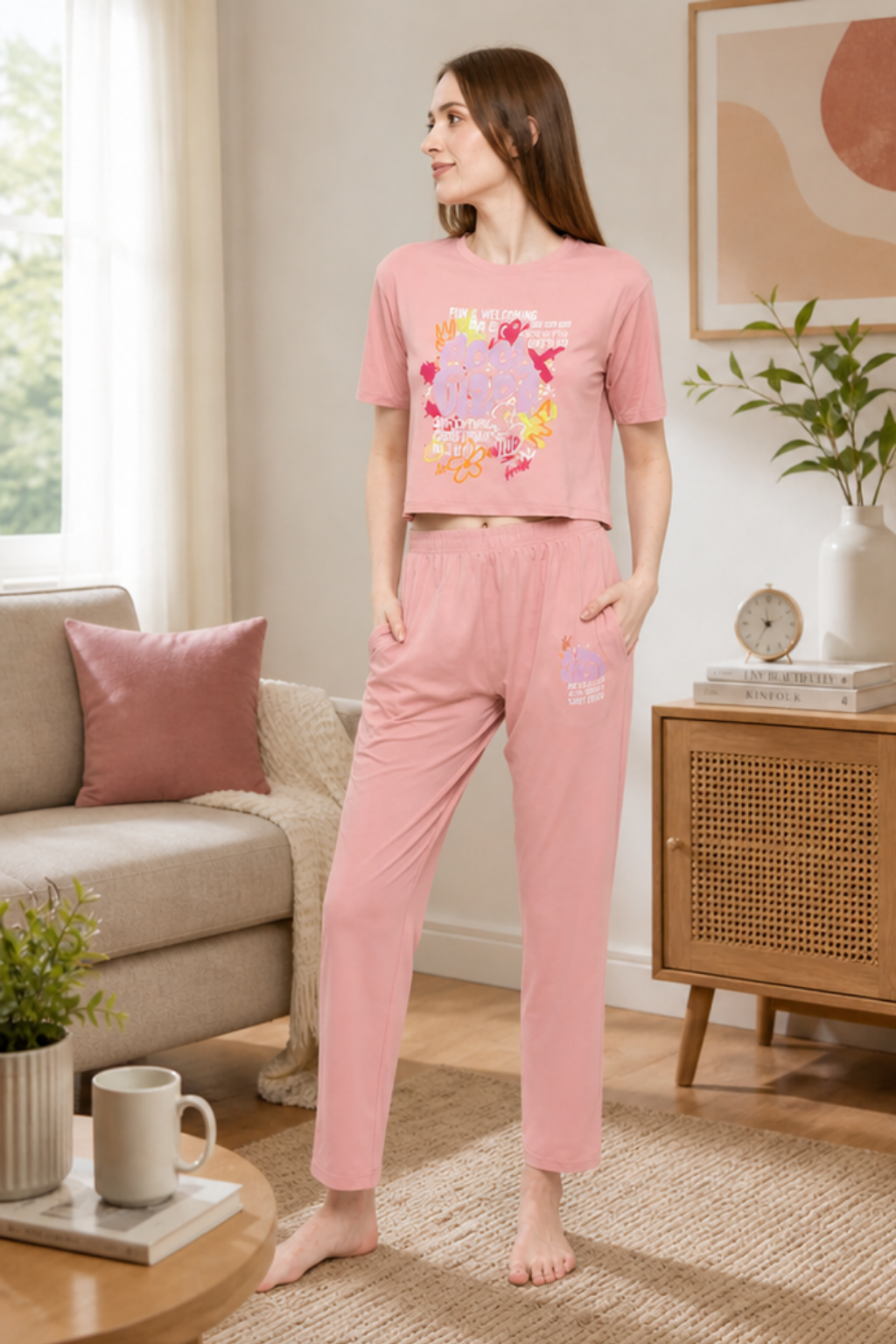 Nightwear crop cord Set for Women|Printed Top and Pajama|Viscose Crop T-Shirt and Pants with 2 side pockets