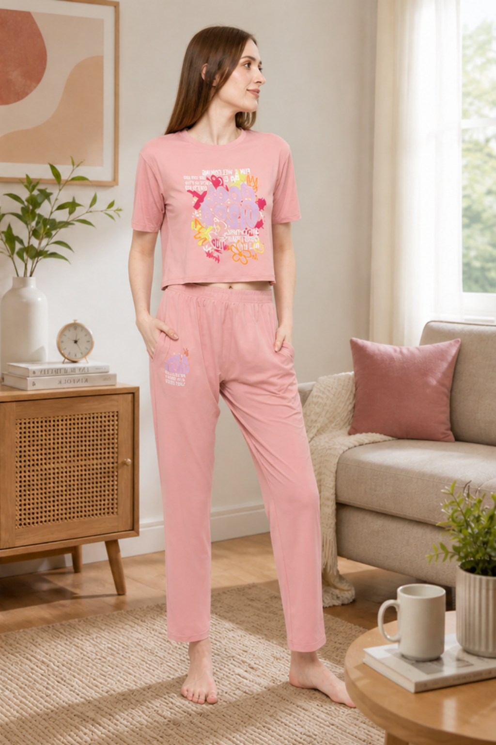 Nightwear crop cord Set for Women|Printed Top and Pajama|Viscose Crop T-Shirt and Pants with 2 side pockets