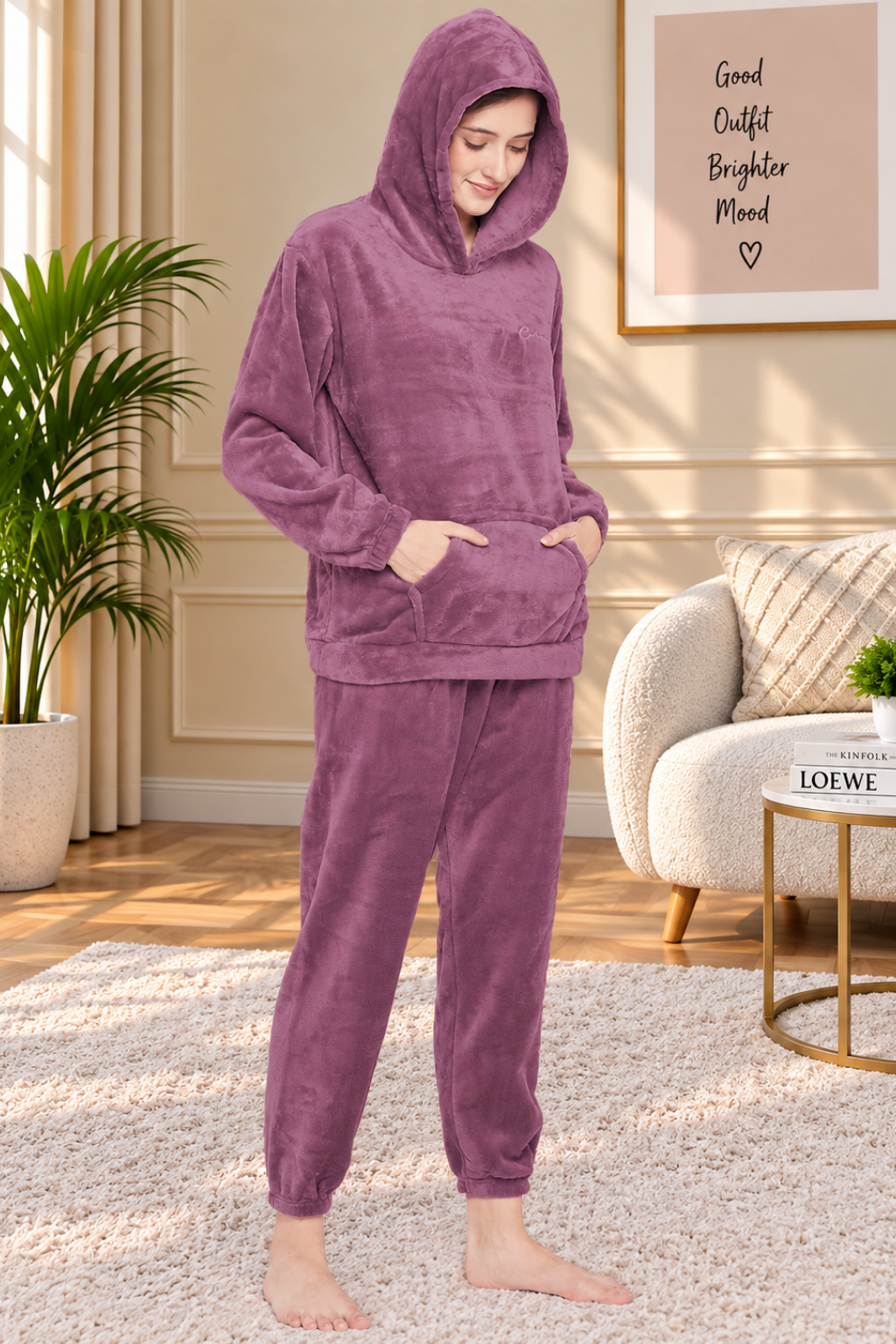 Women's Winter Full Sleeve Top and Pajama Pants Regular Fit Night Suit Hooded Top and Pyjama Set Ladies Night Dress