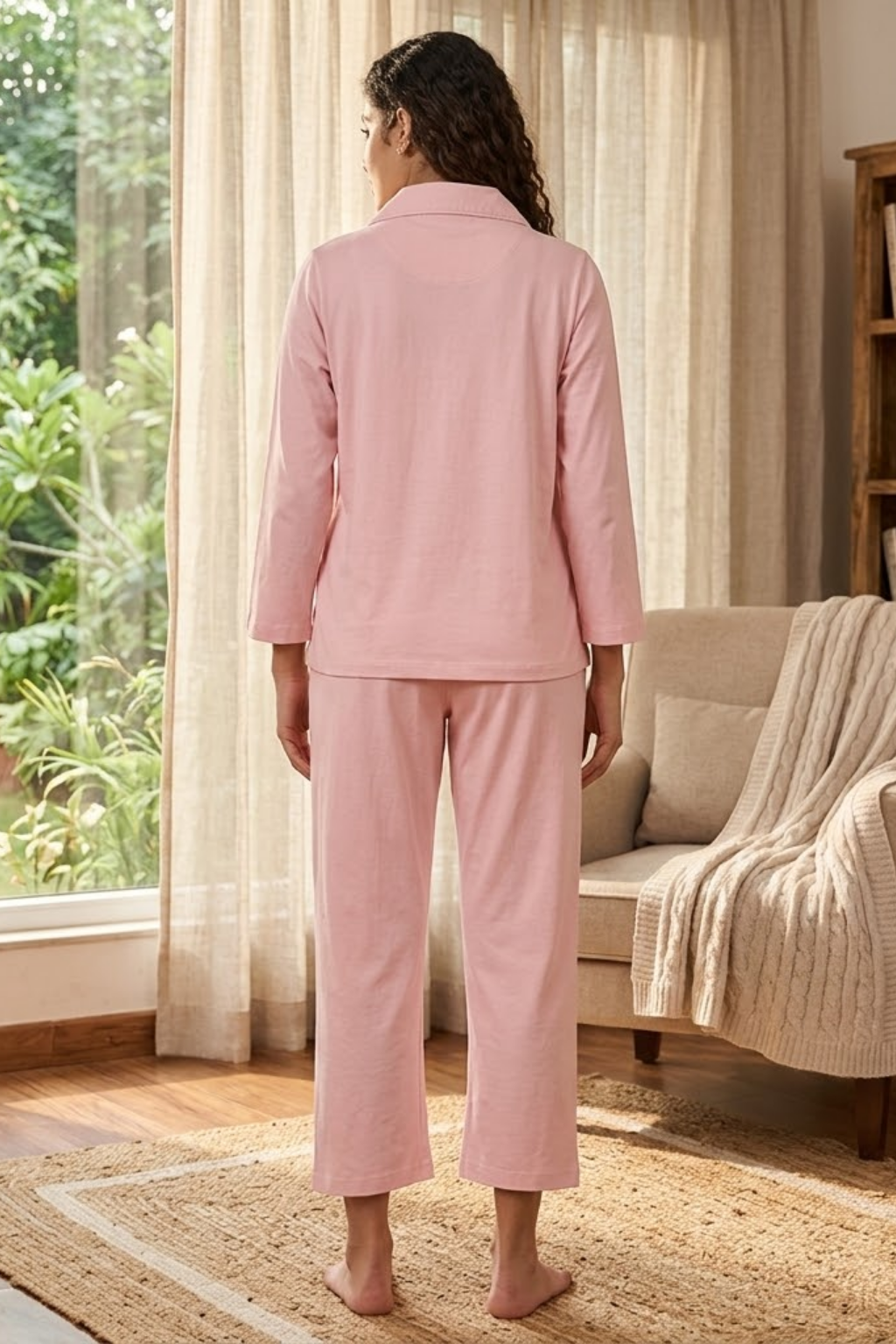 Women's Cotton Pyjama Set, Long Sleeve Button-Down Top with Pants, Sleepwear, Peach