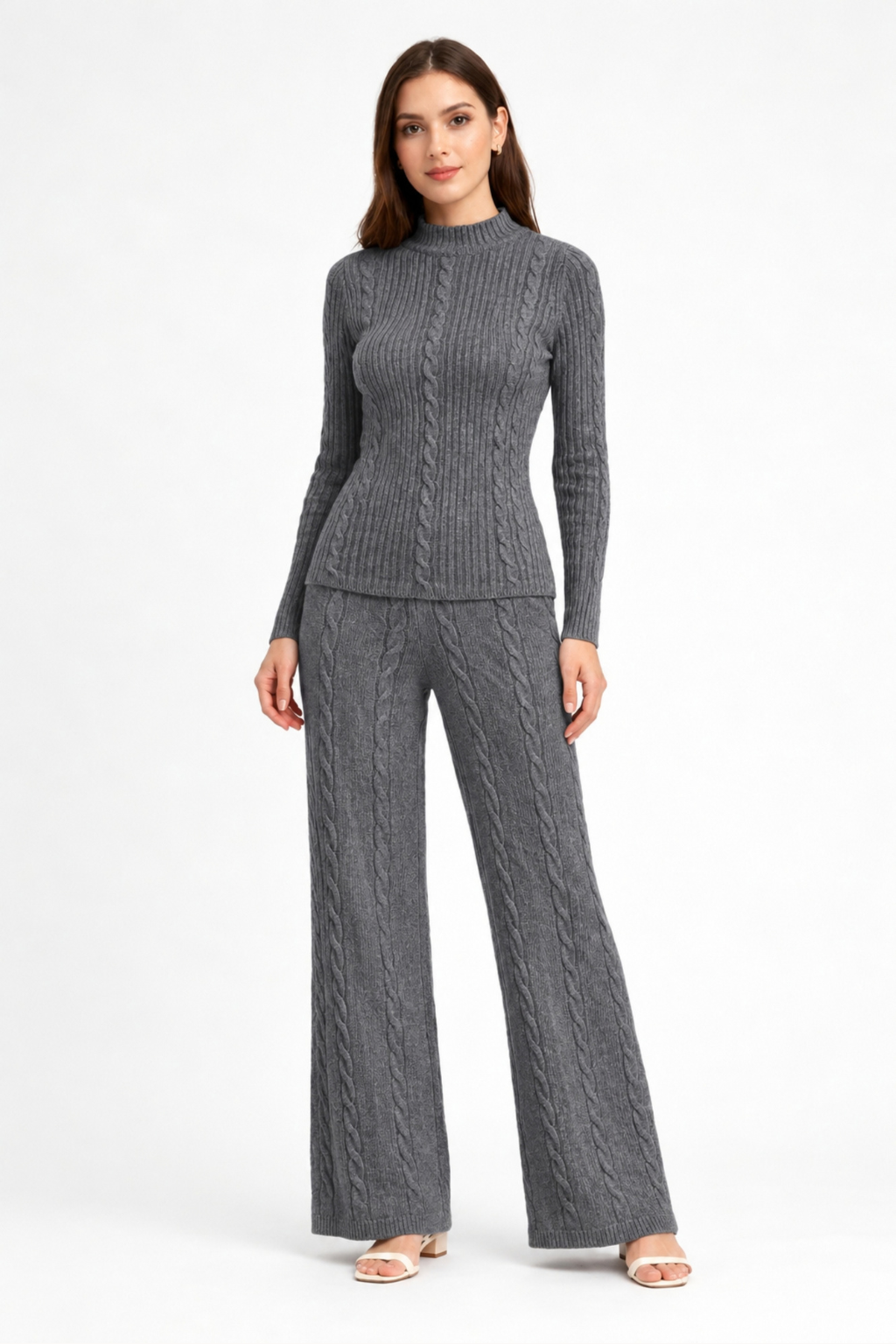 Camey Women Woolen Lounge Wear Set | Full Sleeve with Wide Leg Pants | Soft Warm Winter Co-Ord Set