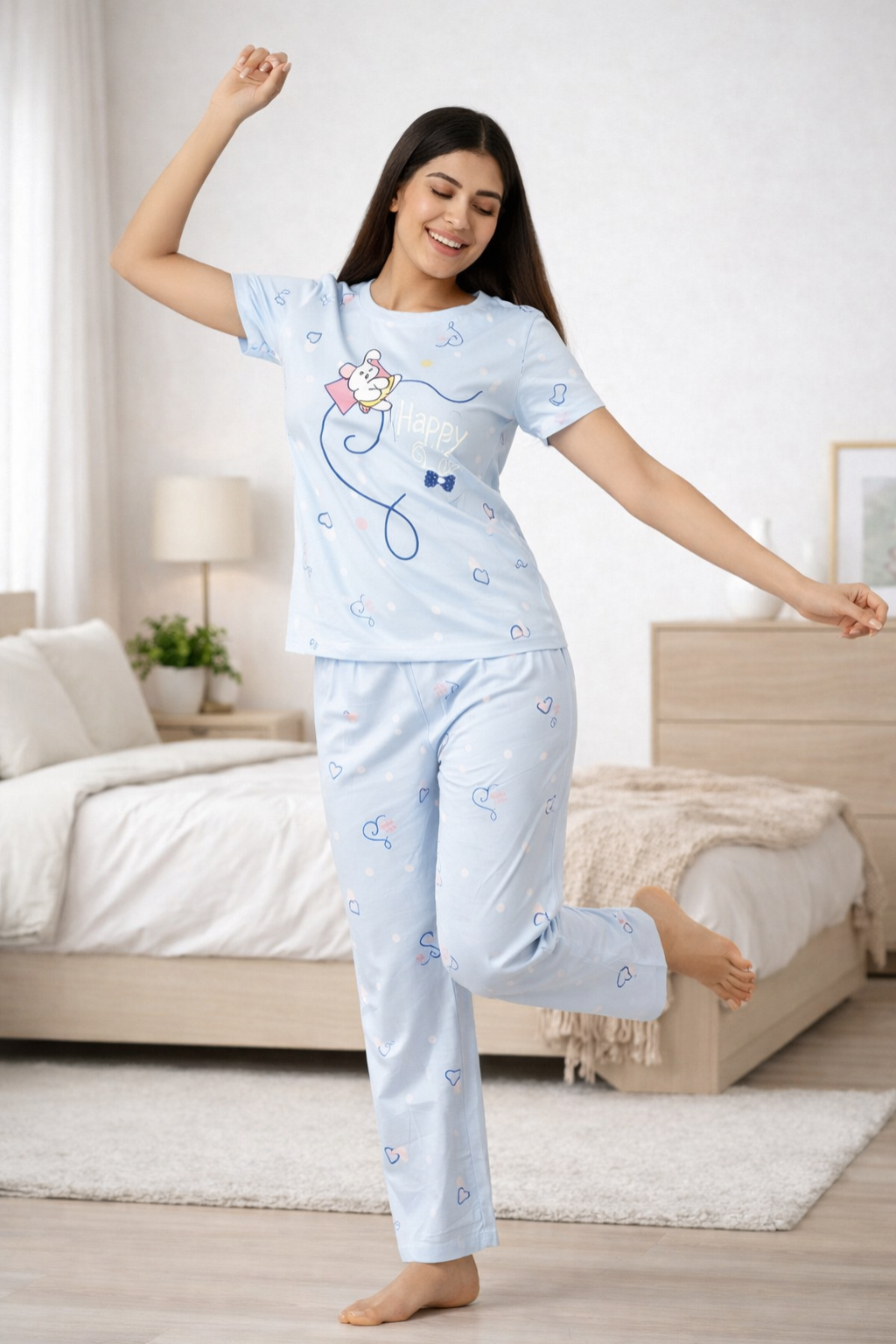 Women Viscose Pyjama Set Cute Prints Nightwear Soft Breathable Sleepwear Short Sleeve Top & Full Length Pajama Pants Lounge Set