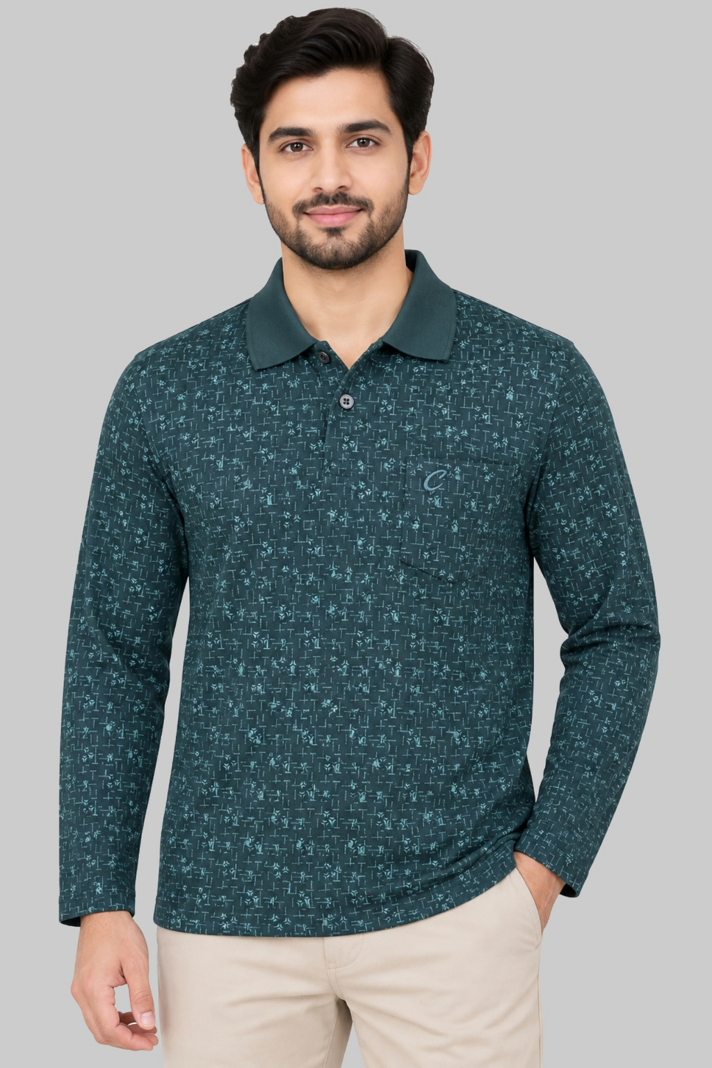 Men's Printed Full Sleeve T-Shirt For Men Polo Neck With Chest Pocket