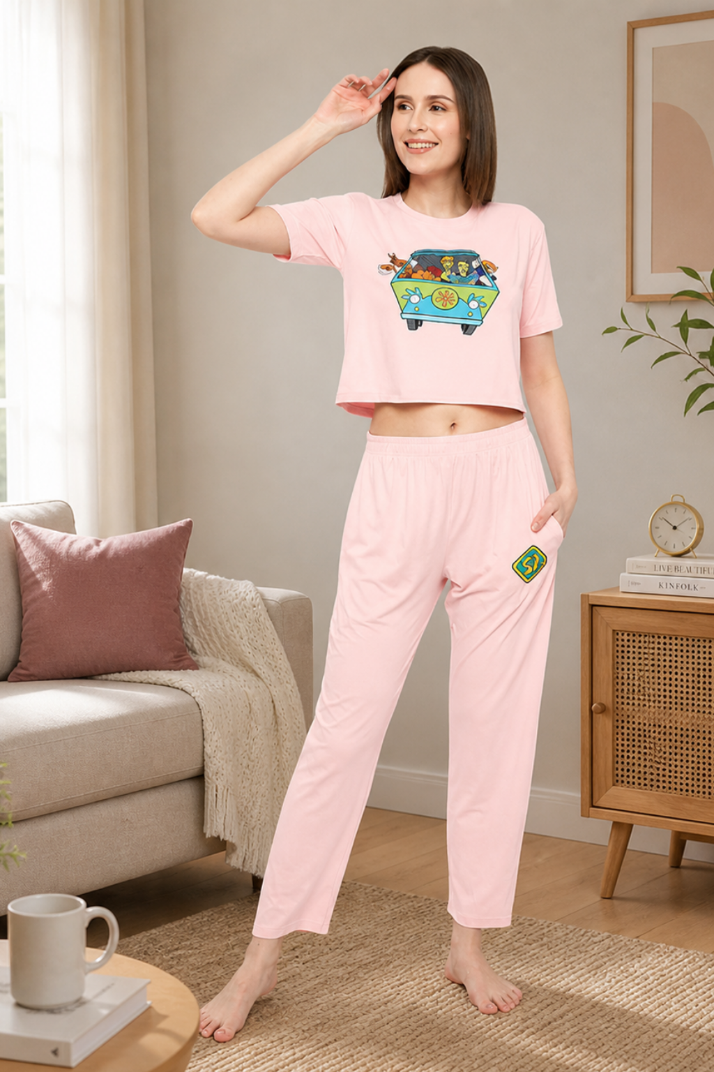 Nightwear crop cord Set for Women|Printed Top and Pajama|Viscose Crop T-Shirt and Pants with 2 side pockets