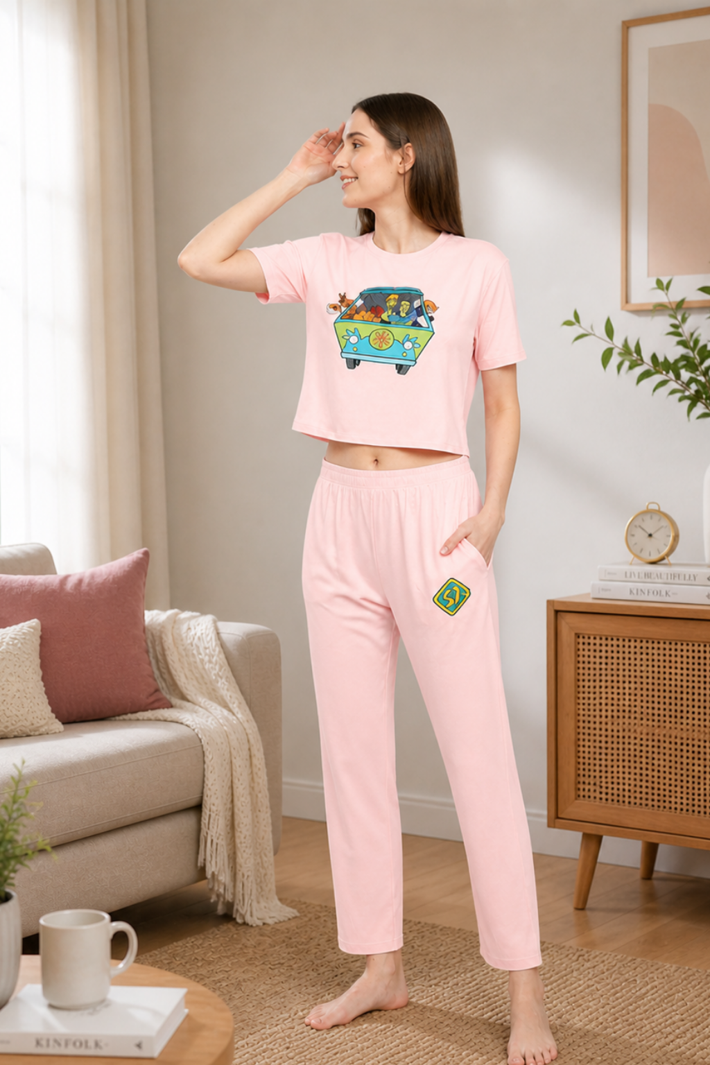Nightwear crop cord Set for Women|Printed Top and Pajama|Viscose Crop T-Shirt and Pants with 2 side pockets