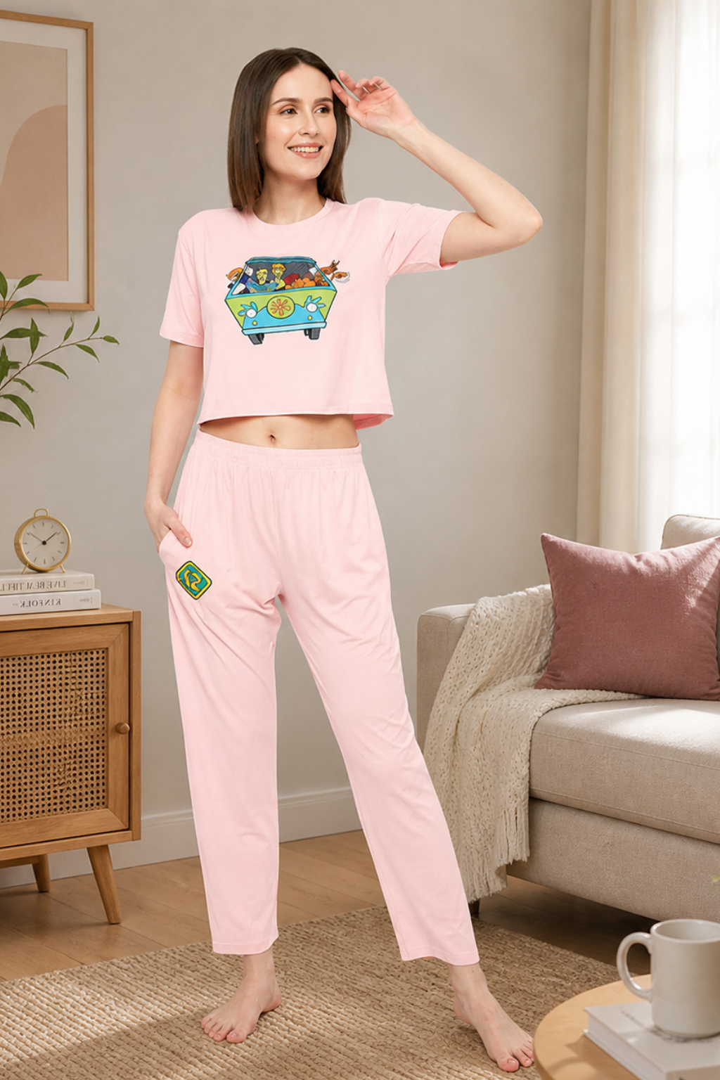 Nightwear crop cord Set for Women|Printed Top and Pajama|Viscose Crop T-Shirt and Pants with 2 side pockets