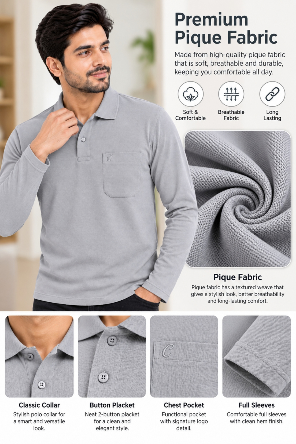 Mens Matty Polo T-Shirt with Pocket | Regular Fit | Full Sleeve Casual T-Shirt