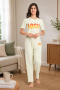 Nightwear crop cord Set for Women|Printed Top and Pajama|Viscose Crop T-Shirt and Pants with 2 side pockets